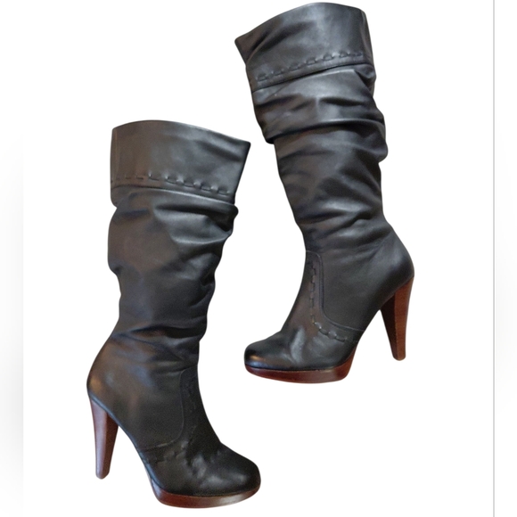 Guess Black Leather Stitched Heeled Slouch Boots Size 5.5 - Picture 1 of 9
